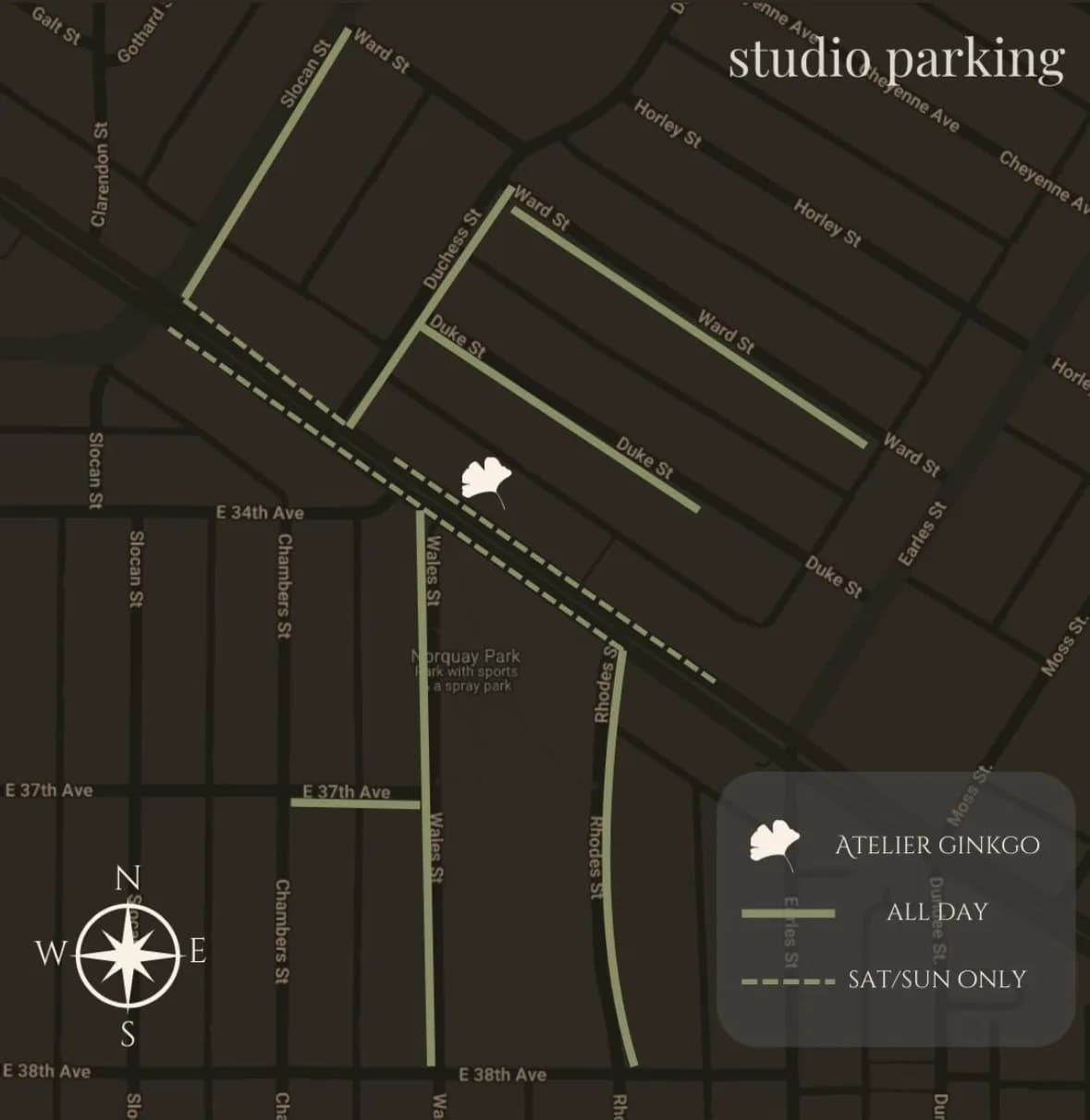 Map of street parking around Atelier Ginkgo: all-day parking on Slocan, Ward, Duke, Wales, Rhodes and East 37th; Kingsway on Saturdays and Sundays only.