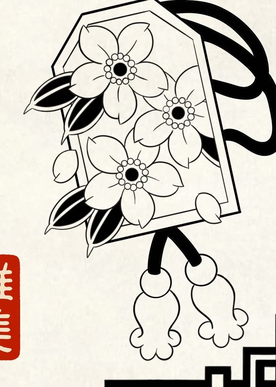 Blackwork ornamental cherry blossom omamori tag flash design by Kamy Cao, available to tattoo in Vancouver.
