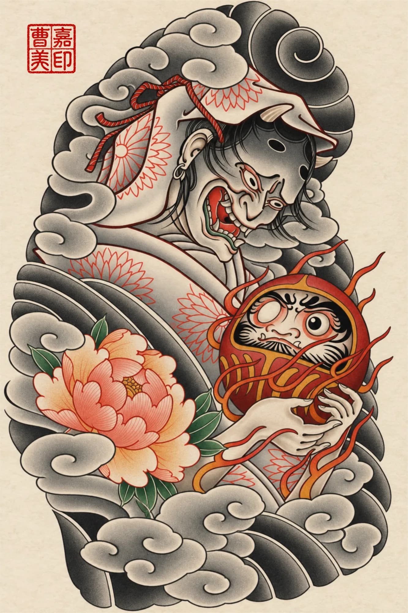 Daruma’s Keeper art print by Kamy Cao — a white-robed figure cradling a flaming daruma beside a peony, framed by clouds, in Japanese tattoo style.