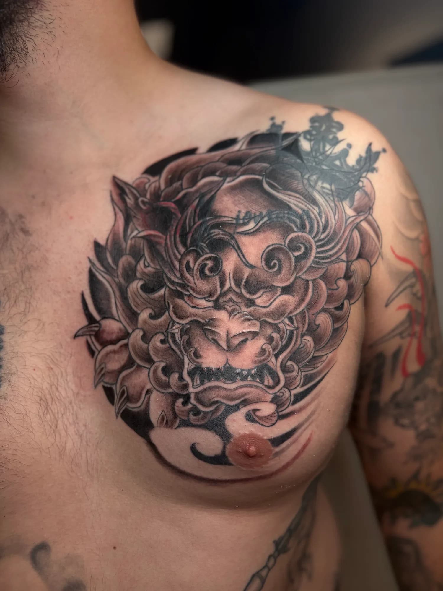 New school Japanese foo dog chest tattoo in black and grey by Kamy Cao, a coverup.