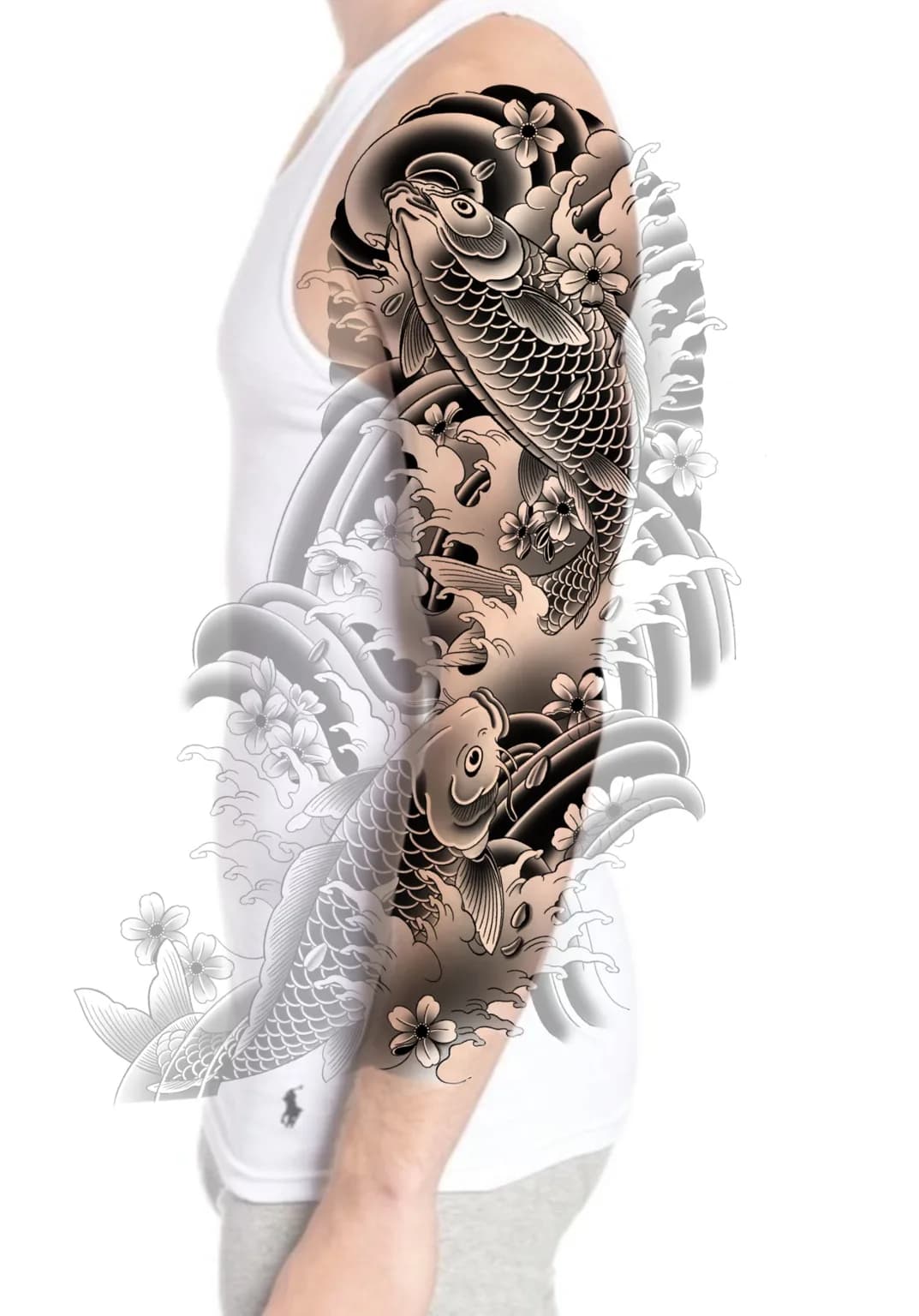 Black and grey Japanese koi fish full sleeve flash design by Kamy Cao, available to tattoo in Vancouver.