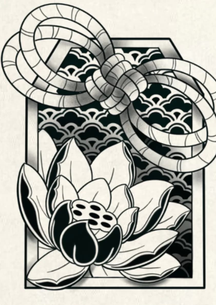 Blackwork ornamental lotus flower omamori tag flash design by Kamy Cao, available to tattoo in Vancouver.