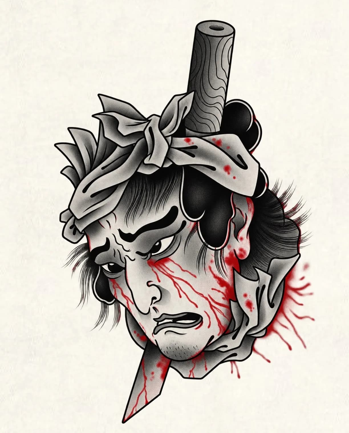 Japanese Namakubi flash design by Kamy Cao, available to tattoo in Vancouver.