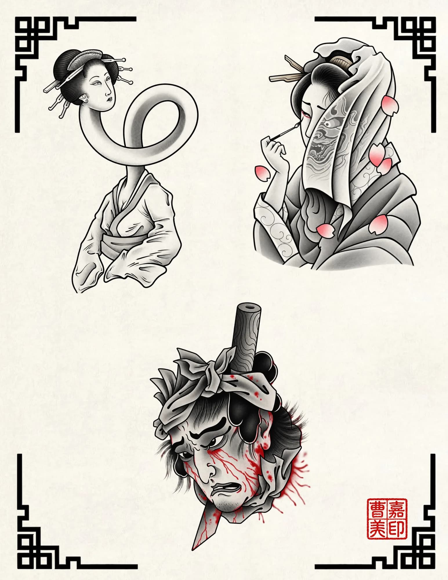 Japanese edo after dark flash design by Kamy Cao, available to tattoo in Vancouver.