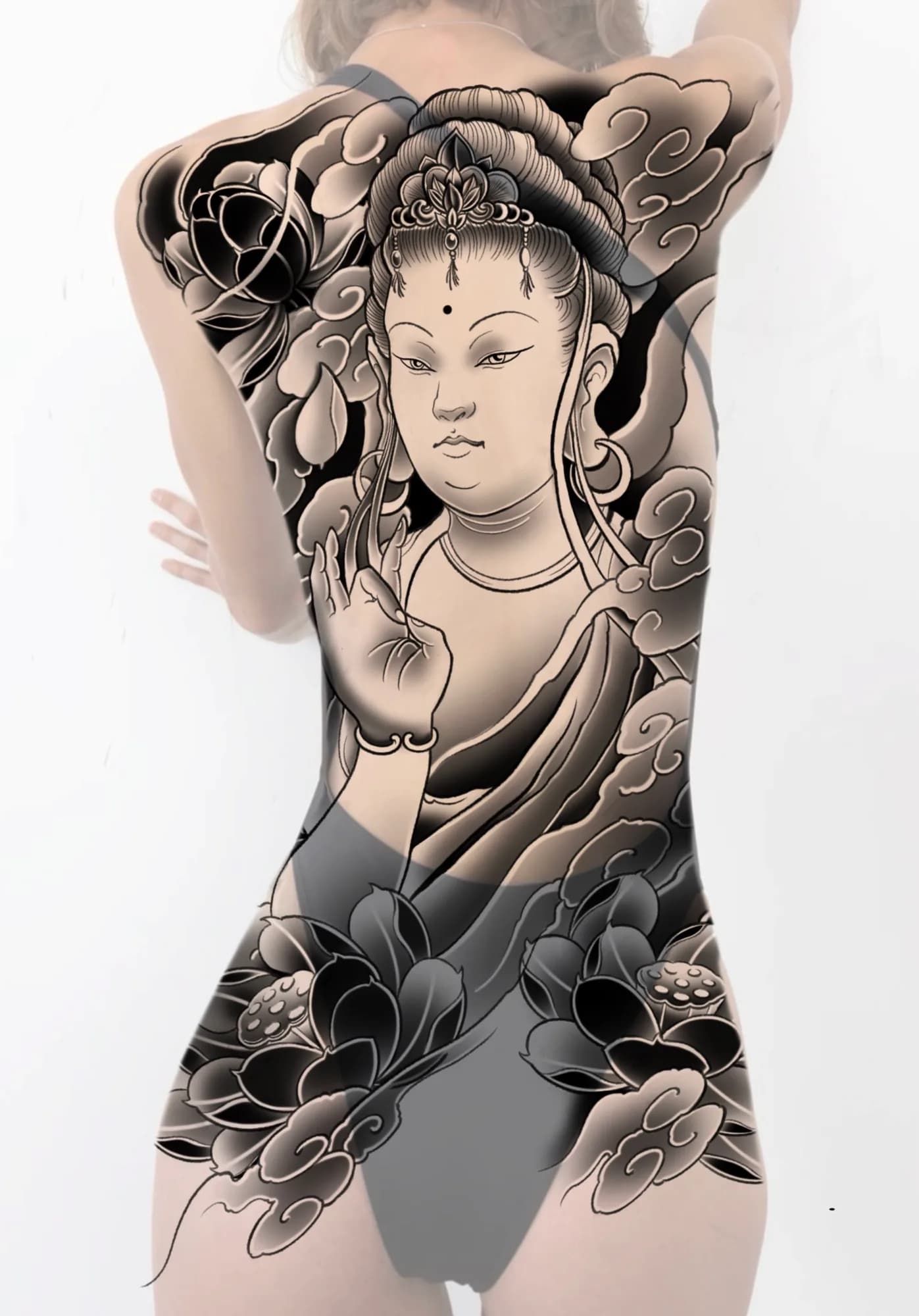Black and grey new school Japanese Guan Yin backpiece flash design by Kamy Cao, available to tattoo in Vancouver.