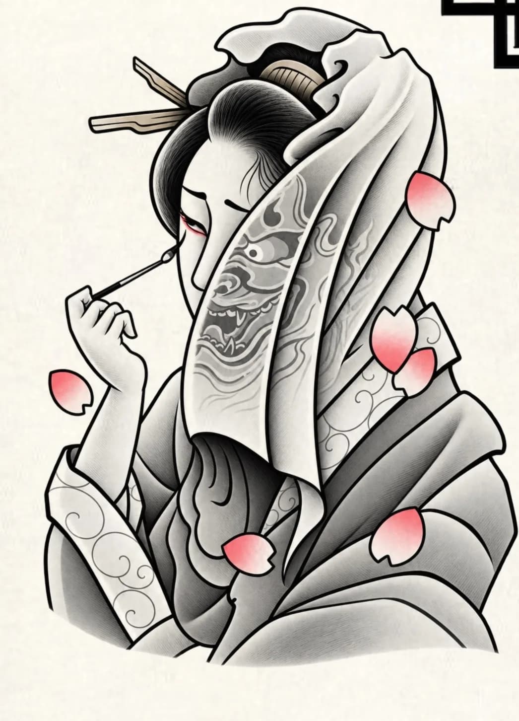 Japanese oiran flash design by Kamy Cao, available to tattoo in Vancouver.